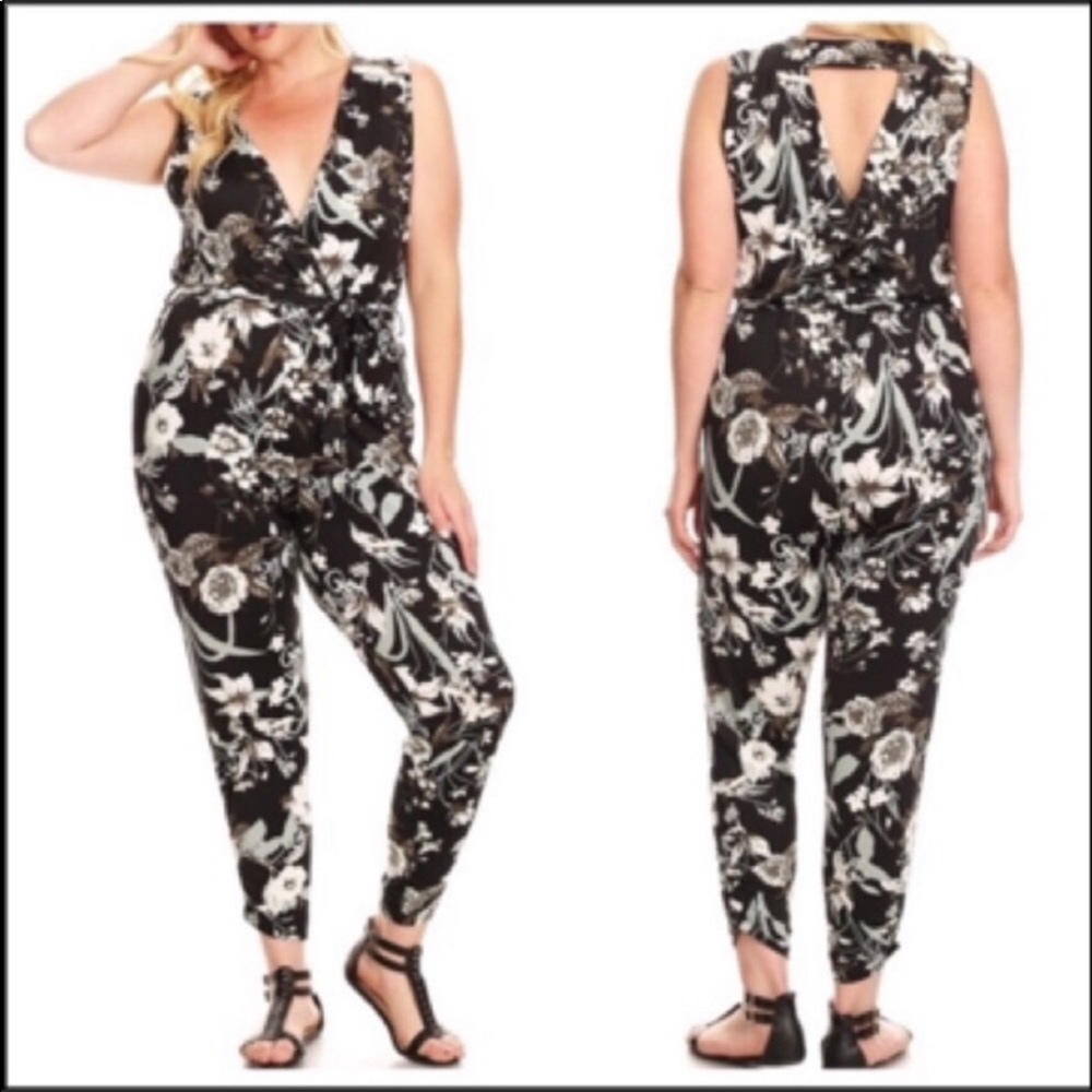 Bella Berry 1X Surplice Jumpsuit Honey Print